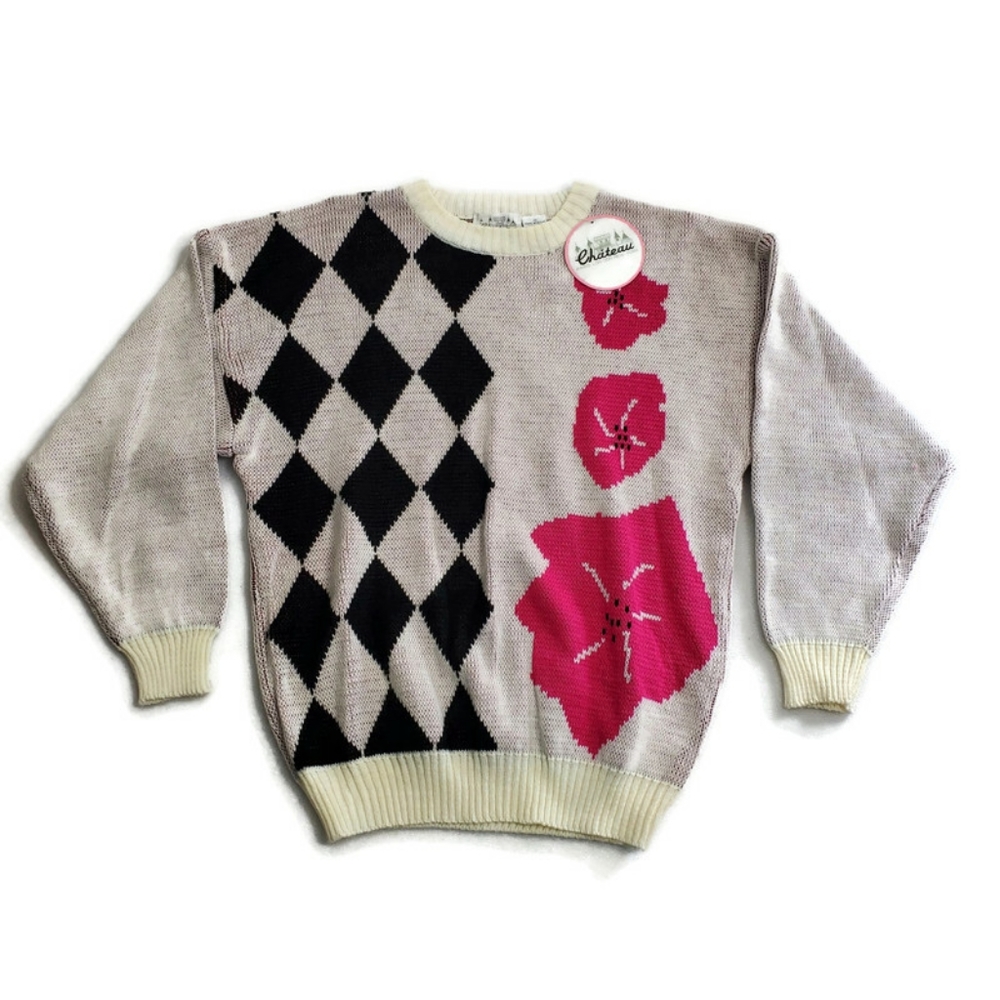 VTG NWT 1980s Chateau Flowers Black Diamond white pink Knit Sweater Size M